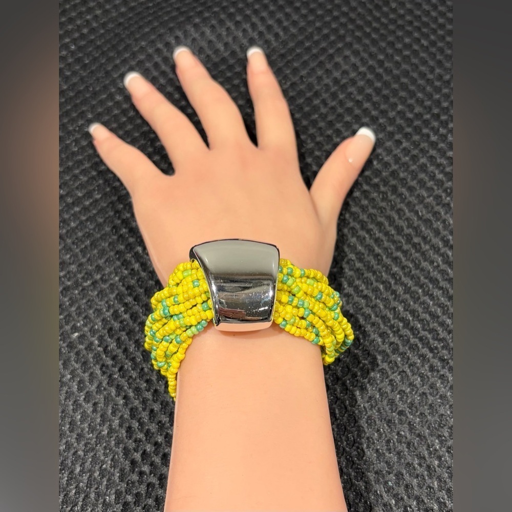 Statement Seed Bead Cuff Bracelet - Yellow & Sea Foam Green - Memory Wire
